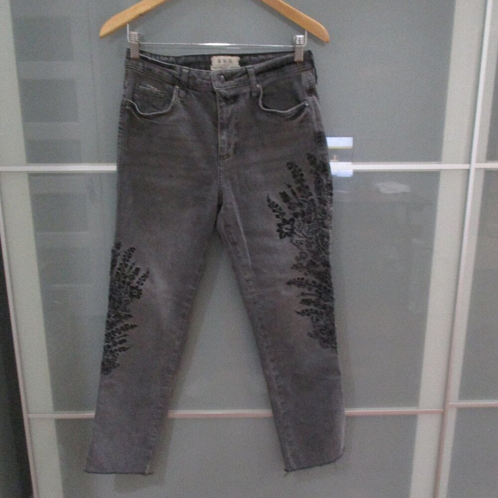 We the Free Free People Embroidered Leg Gray Wash Boho Jeans